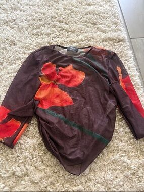 Chaser Brown Sheer Long-Sleeve Top with Red-Orange Floral Print